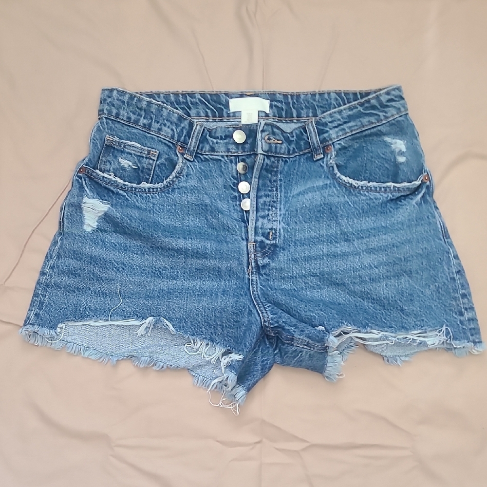 H&M Blue Jean Shorts with Distressed Raw Hem